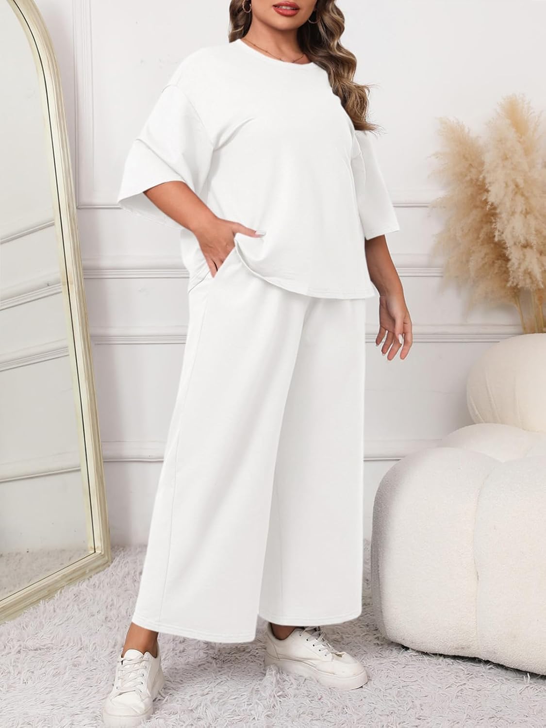 Beautife Womens Plus Size 2 Piece Outfits 3/4 Sleeve Tops and Wide Leg Pants Loungewear Pajamas Sets - Image 2