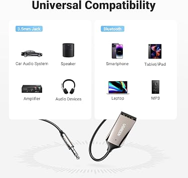 محول UGREEN Bluetooth Aux، جهاز استقبال السيارة Bluetooth 6.0، محول صوت USB مع مقبس 3.5 مم لبث موسيقى الاستريو المنزلي، ميكروفون مدمج، توصيل وتشغيل تلقائي على مجموعة السيارة بدون استخدام اليدين