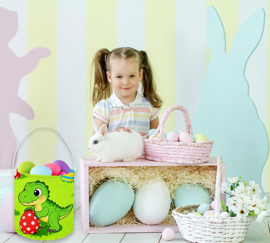Image of Dinosaur Baskets, Kids Easter Dinosaurs Storage Bins.Easter Basket Empty with Handles.Dinosaurs Eggs Decor,Books, (Green Dinosaur)
