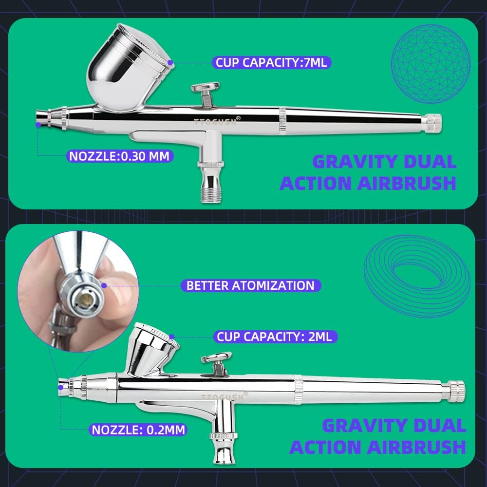 0.2mm 0.3mm Airbrush Starter Kit with Compressor and Cleaning Set Color Clip 2 Gravity Airbrushes for Model Painting Art Craft Shoes