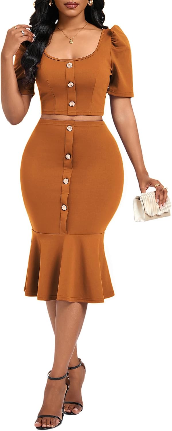 Ruffled Women's 2 Piece Skirt Set Business Elastic Waist Button Down Puff Sleeve Boat Neck Top and Skirt Set Women for Work