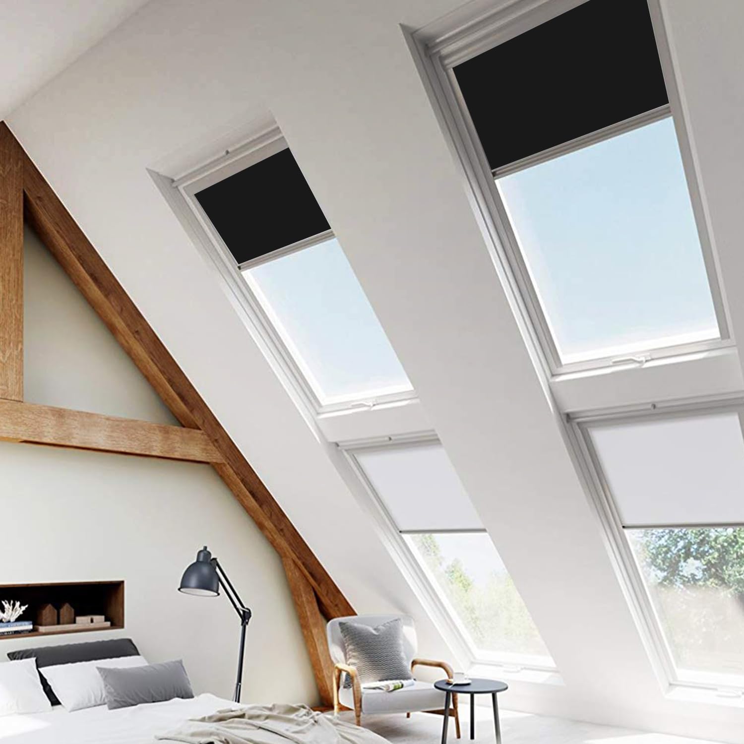 Estor opaco para tragaluz, estores térmicos, protección solar, con guía lateral, marco de aluminio, negro, estores para tragaluz, para M08 (tamaño de ventana: 61,3x116 cm), Montaje sencillo
