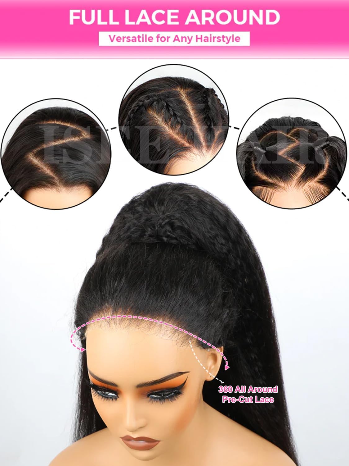 ISEE Hair 360 Kinky Straight Lace Front Wigs Human Hair 360 Full Lace Glueless Wigs With Invisible Drawstring Pre Plucked Pre Bleached 180% Density Beginner Friendly For Women 18 Inch