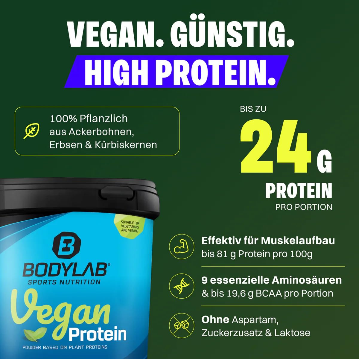 Bodylab24 Vegan Protein Pain aux Bananes 1000g, poudre de protéines 100% végétalienne à base de féveroles, de pois et de graines de courge, avec 80g de protéines pour 100g de poudre