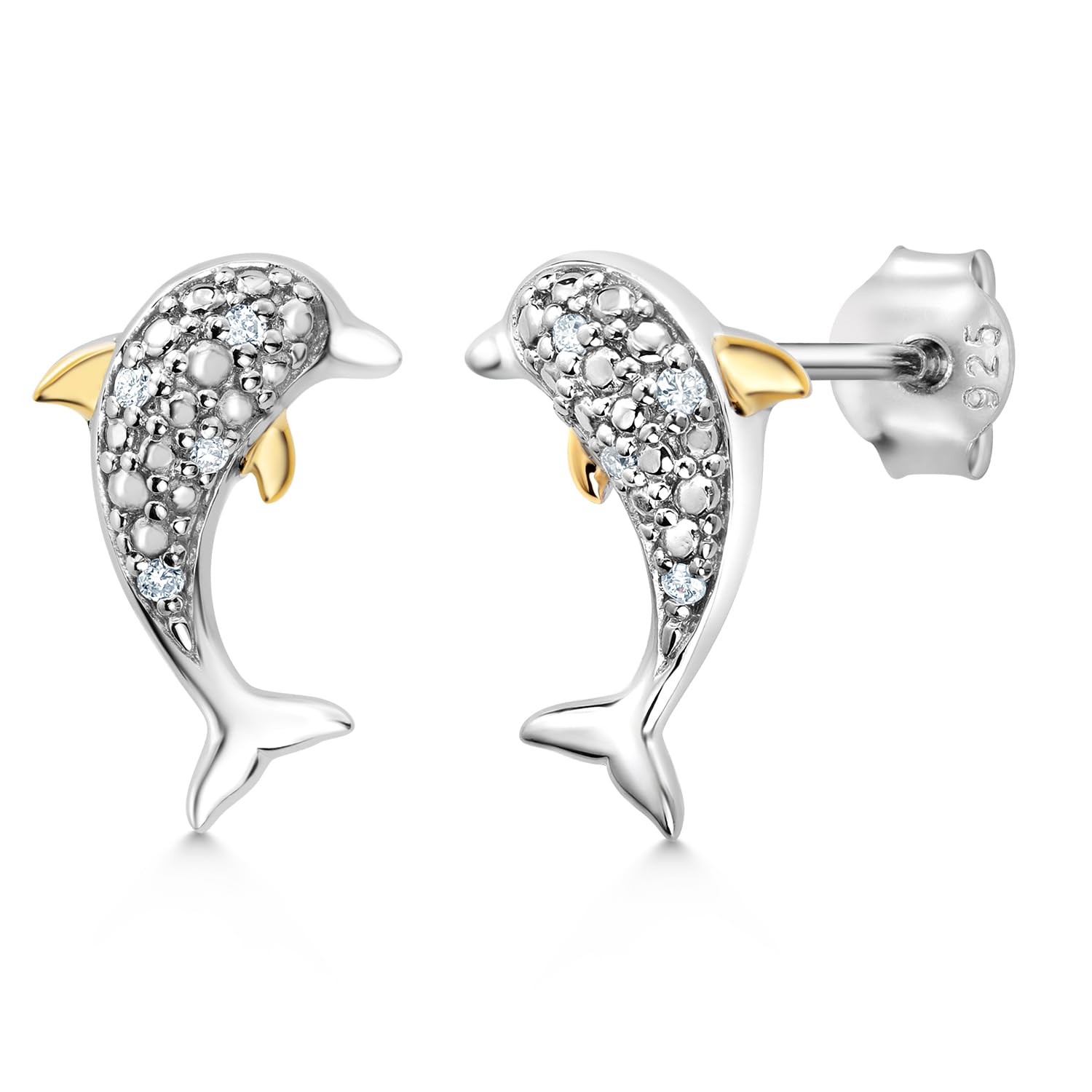 Gem Stone King White Lab Grown Diamond Dolphin Stud Earrings For Women | 925 Sterling Silver and 10K Yellow Gold | Animal Earrings for Women | 14X10MM