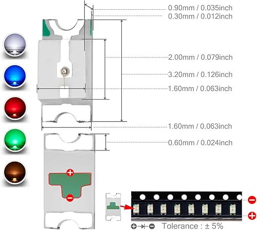 Miniatura 3 de CHANZON (5 colores x 20 piezas  100 piezas 1206 SMD LED diodo luces surtidas kit (mini chip 0.126 in x 0.063 in para PCB DC 20mA) lámparas de