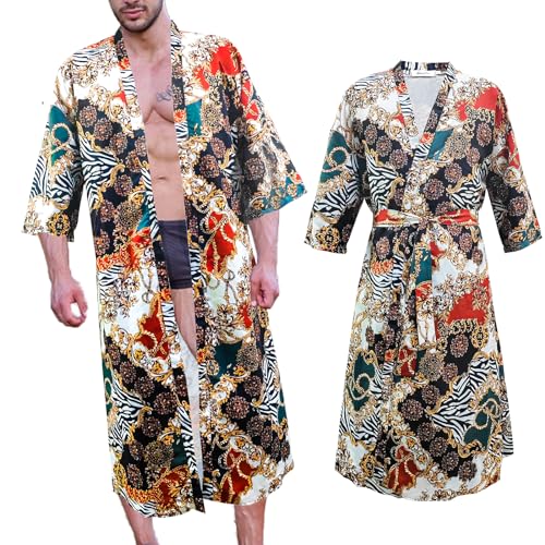 Men's Lightweight Kimono Robe Japanese Bathrobes 3/4 sleeves Casual Open Front Long Cardigan Cloak Coat with Belt