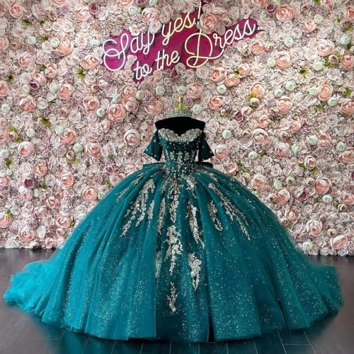 Mauuwy Gold Beaded Quinceanera Dresses Off Shoulder XV Dresses Luxury Tulle Sweet 16 Dresses Ruched Ball Gown with Bow3