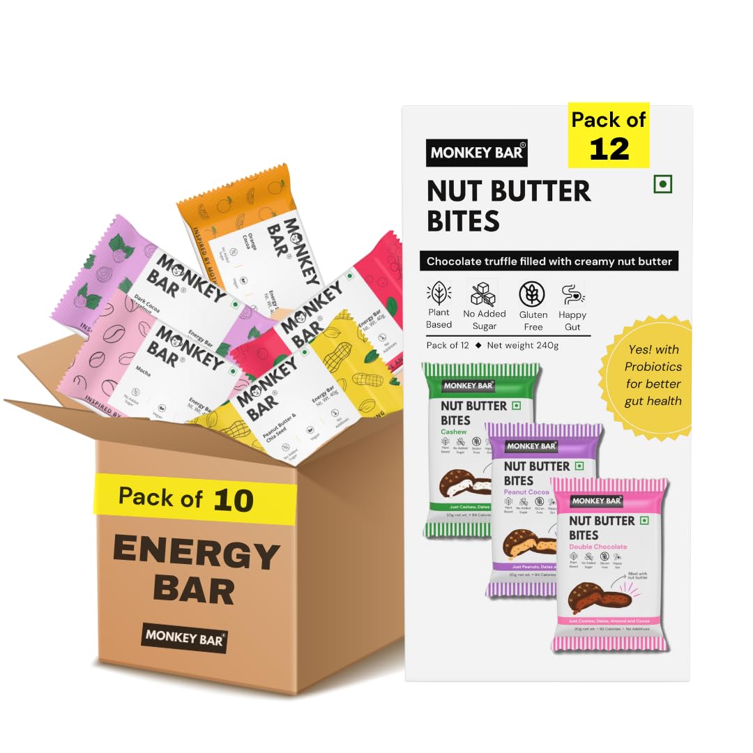 MONKEY BAR - VEGAN SNACK COMBO - Energy Bars + Nut Butter Bites | 10 Snack Bars, 12 Chocolate Truffle, 100% Plant based, Healthy & Clean Protein Snack, Zero Added Sugar-image-44