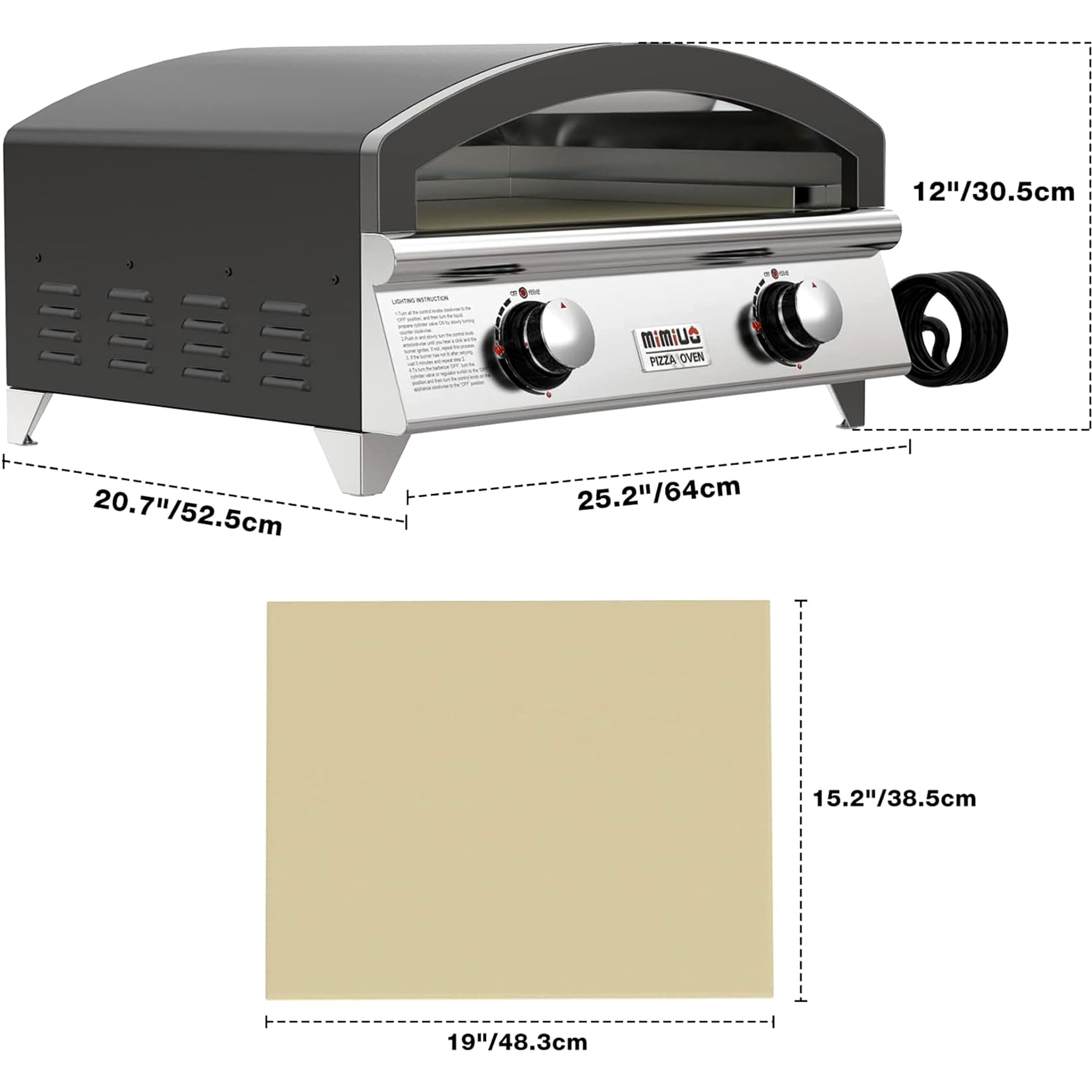 Horno de pizza de gas al aire libre de 25 pulgadas, horno portátil de propano para pizza con piedra de hornear grande - Haz 2 pizzas a la vez - Estufa multifuncional de acero inoxidable para 2