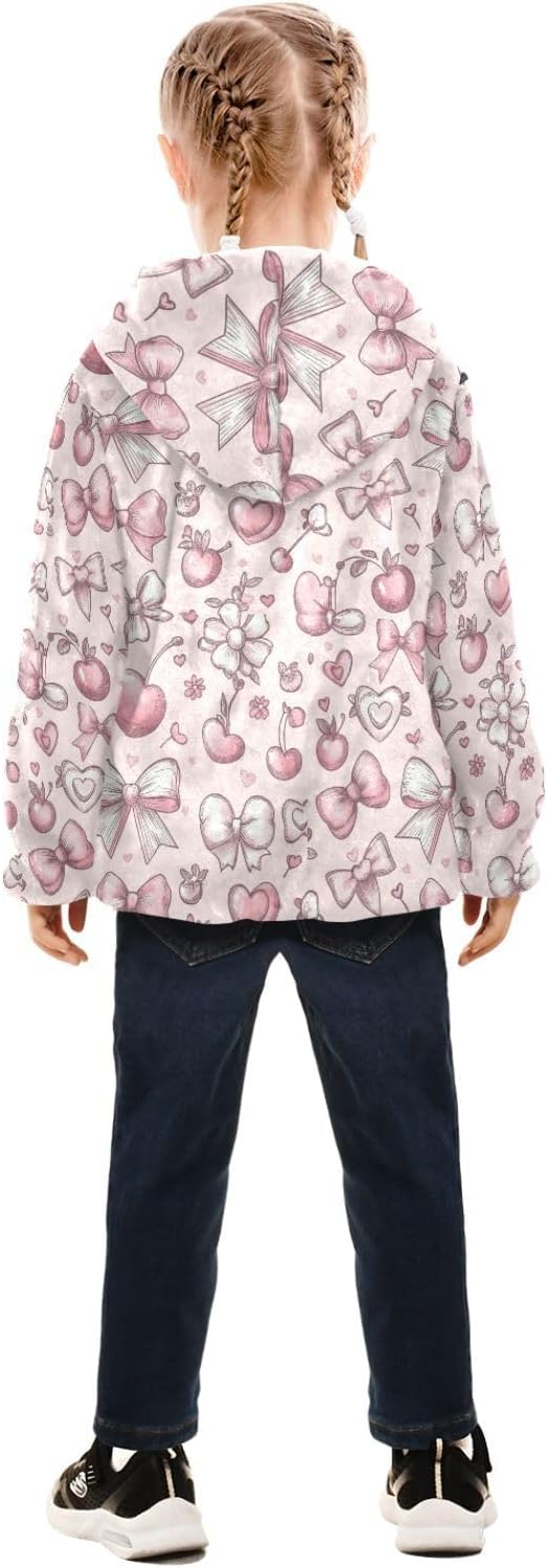 Girls Hoodie Outfit Cherry Bow Two Pink Pattern Zipper Sweatshirt Coat Fleece Jacket for Kids 3-10T