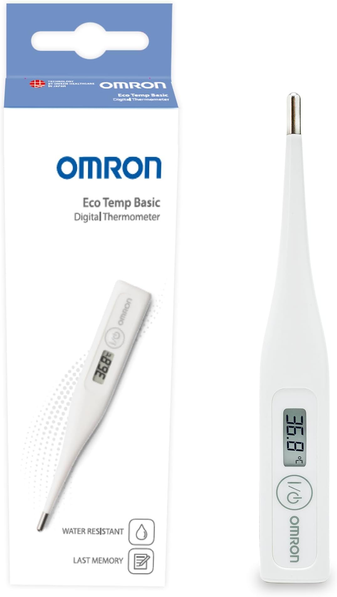 OMRON Eco Temp Basic Digital Thermometer, 3-in-1 measurement, Fast 1 Minute Results Celsius Fahrenheit, Water Resistant Round Tip Thermo-meters for Baby Kids Adults, Memory Night Backlight