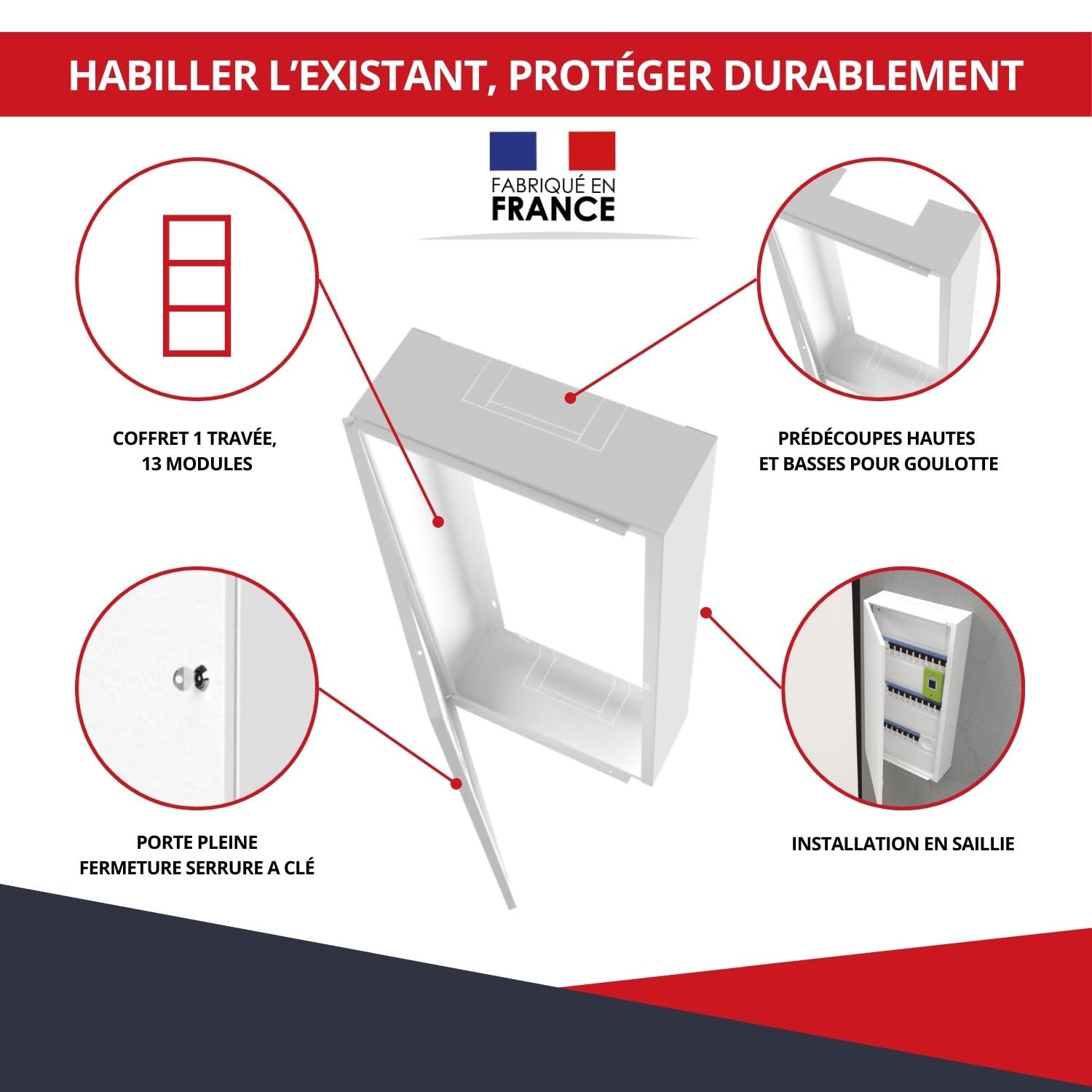 Coffret d'habillage avec serrure à clé pour tableaux électriques en acier blanc - H 920 x L 340 x P 140 mm - Ref. RCH400GSS -Marque ATOLE