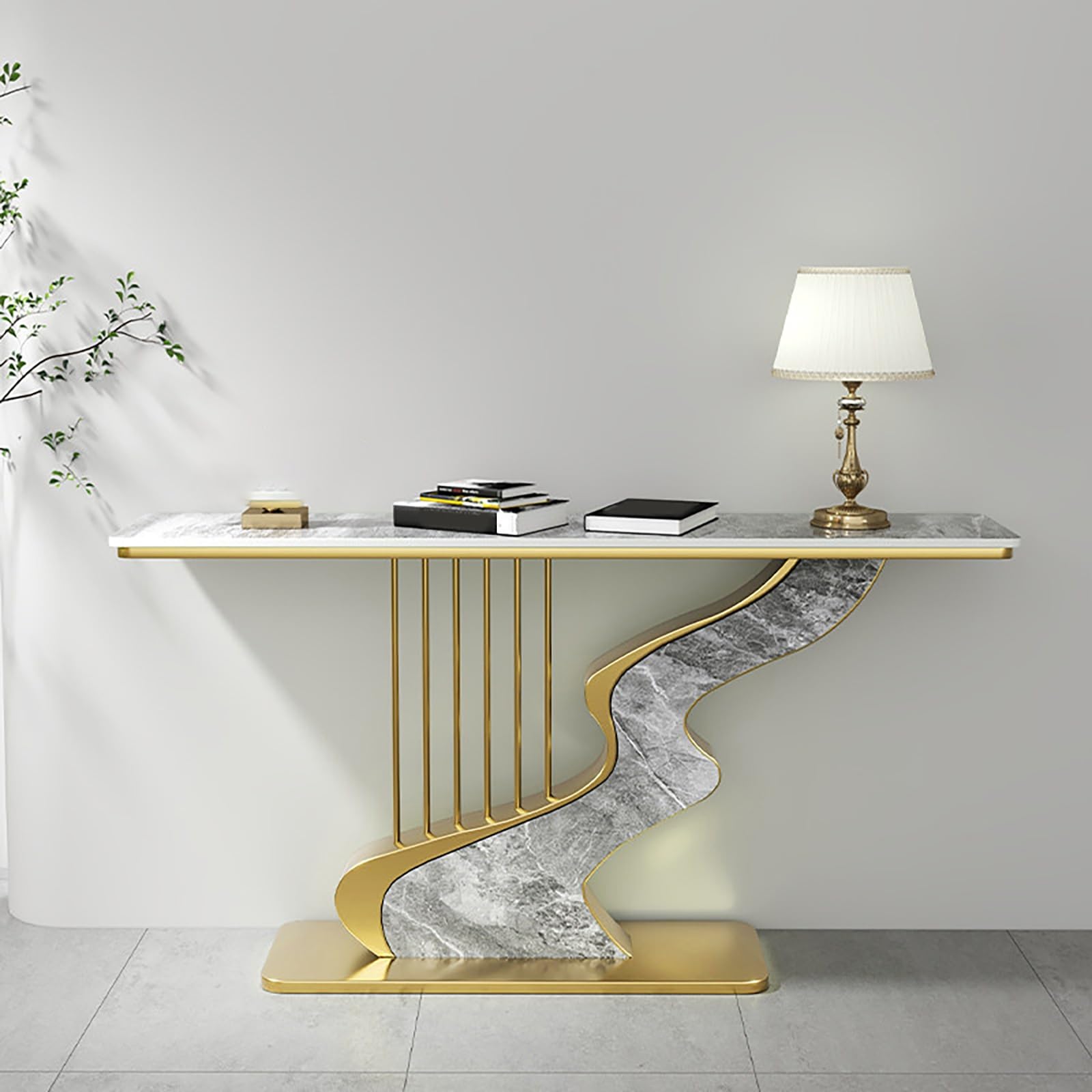 Mesa consola estrecha con base de metal negro para entrada y pasillo moderno