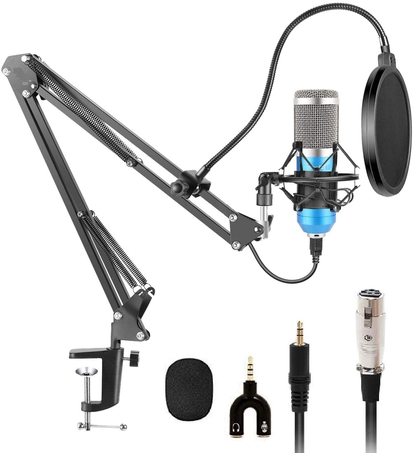 CEZO Professional Condenser Microphone Kit Podcast 3.5m Mic with Boom Arm Microphone Stand, Pop Shiled, Shock Mount | Microphone kit for Recording Studio Audio, Voice Dubbing Kit, Singing-Blue