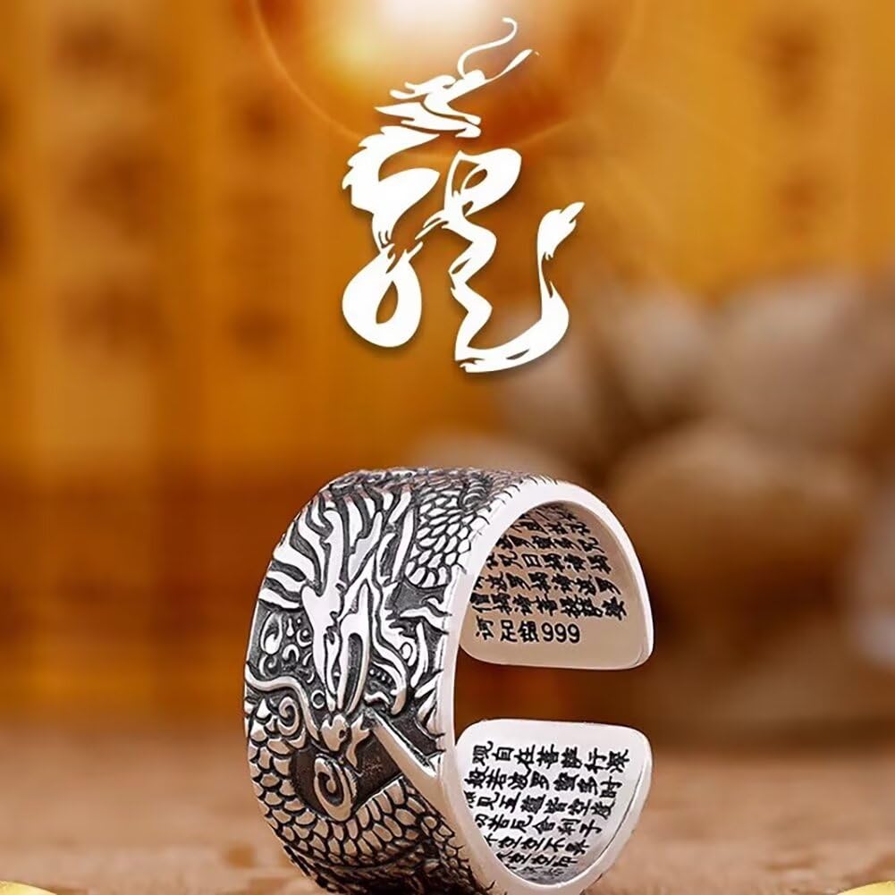 Chiński Pierścień Szczęścia Feng Shui ， Pierścienie Feng Shui Dragon 990 Srebro Sterling Tybetański Buddyjski Pierścień Sutra Serca dla Bogactwa Szczęśliwe Otwarte Regulowane Pierścienie