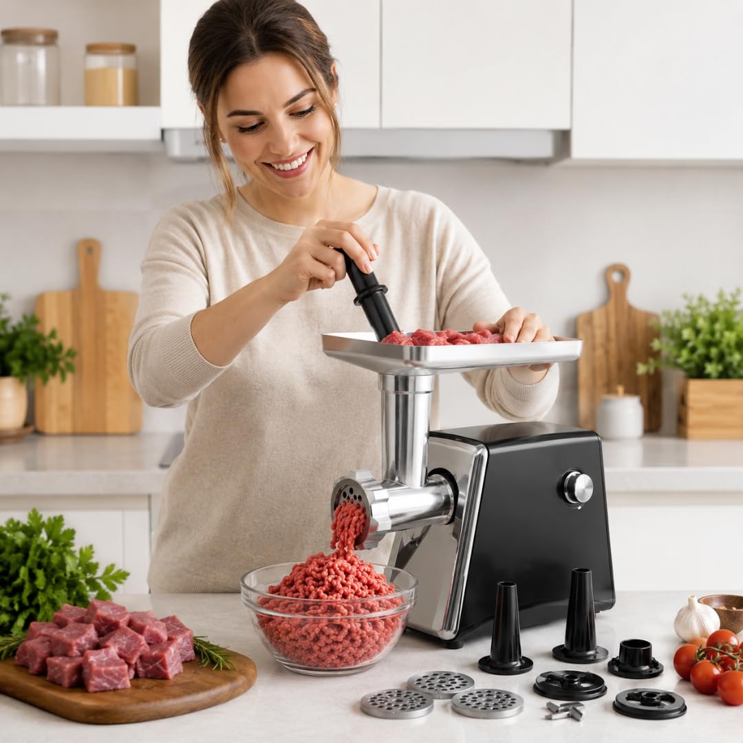 Tritacarne Elettrico Professionale 2000W, 2 Lame in Acciaio Inox, 3 Piastre di Tritatura, Accessorio per Salsicce e Kubbe, Motore Silenzioso, Facile da Pulire, Macchina per Carne, Casa e Cucina.