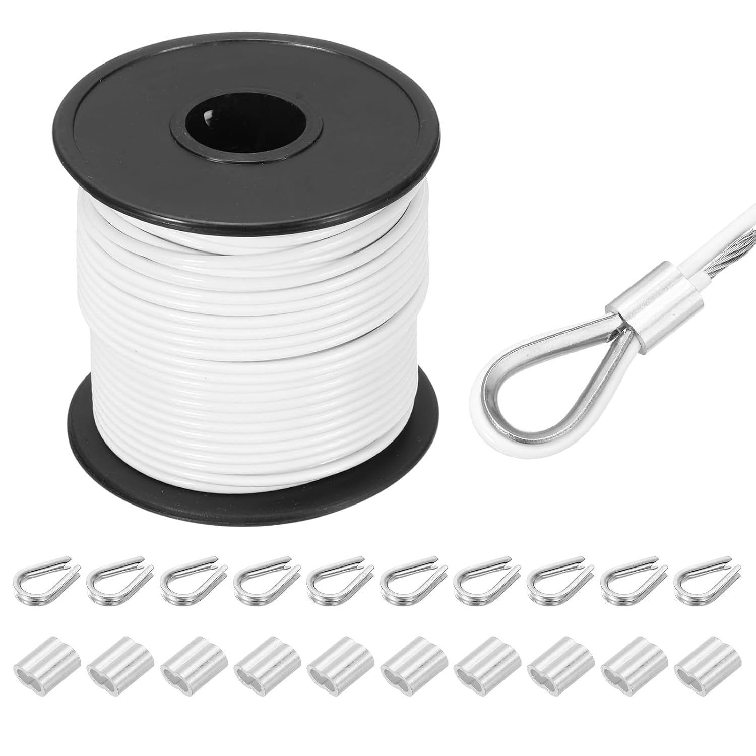 MECCANIXITY 98ft Wire Rope 304 Stainless Steel Cable, 1/16" 1.5mm Vinyl Coated with 10pcs Aluminum Sleeves and Thimble for Railing, Decking, Hanging, Clothes Lines, White 30m