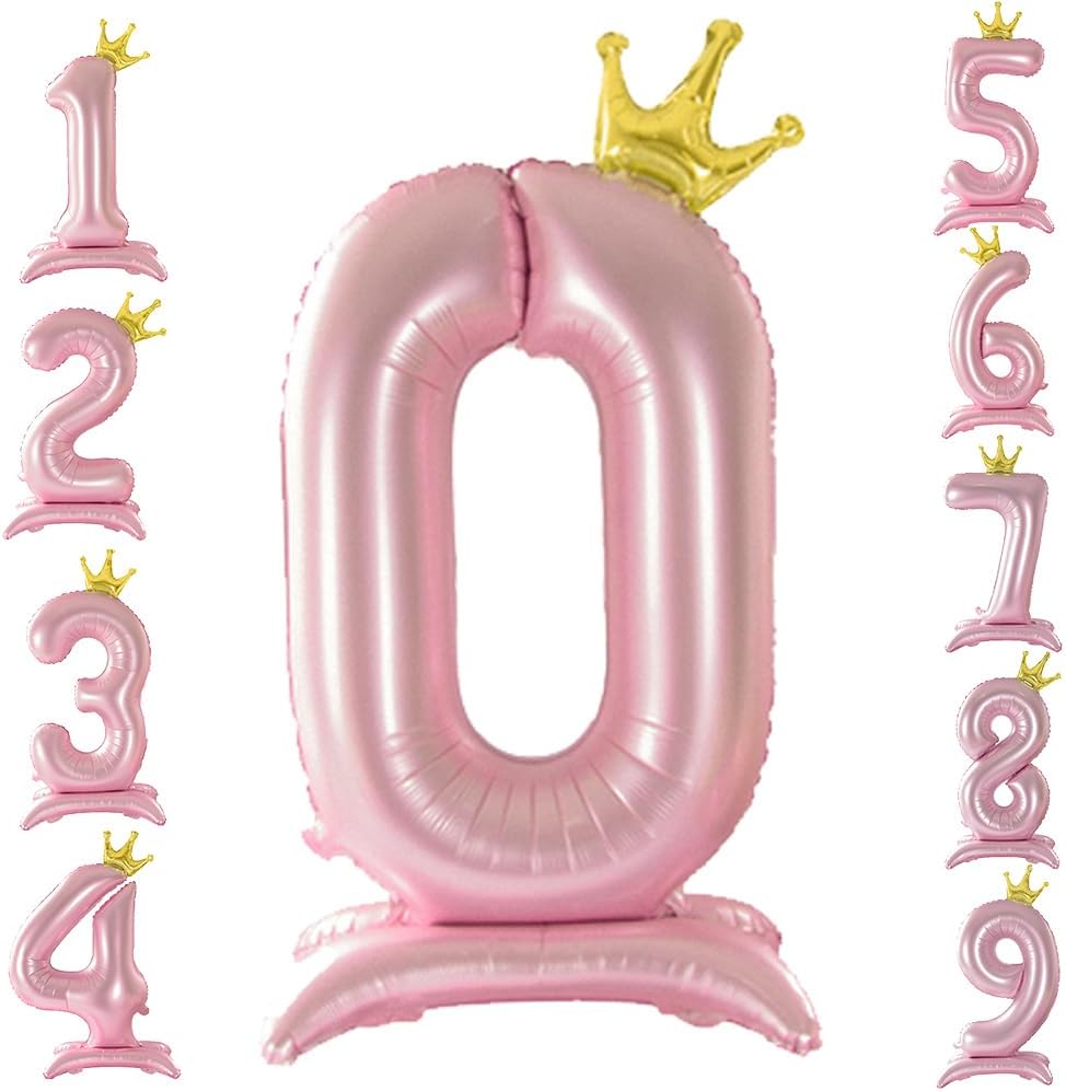 42 Inch Crown Pink Number Balloon, Number 0 Balloon with Base for Girls 0th Birthday Party Decoration, Anniversary Decor Theme Party Supplies (Pink 0)