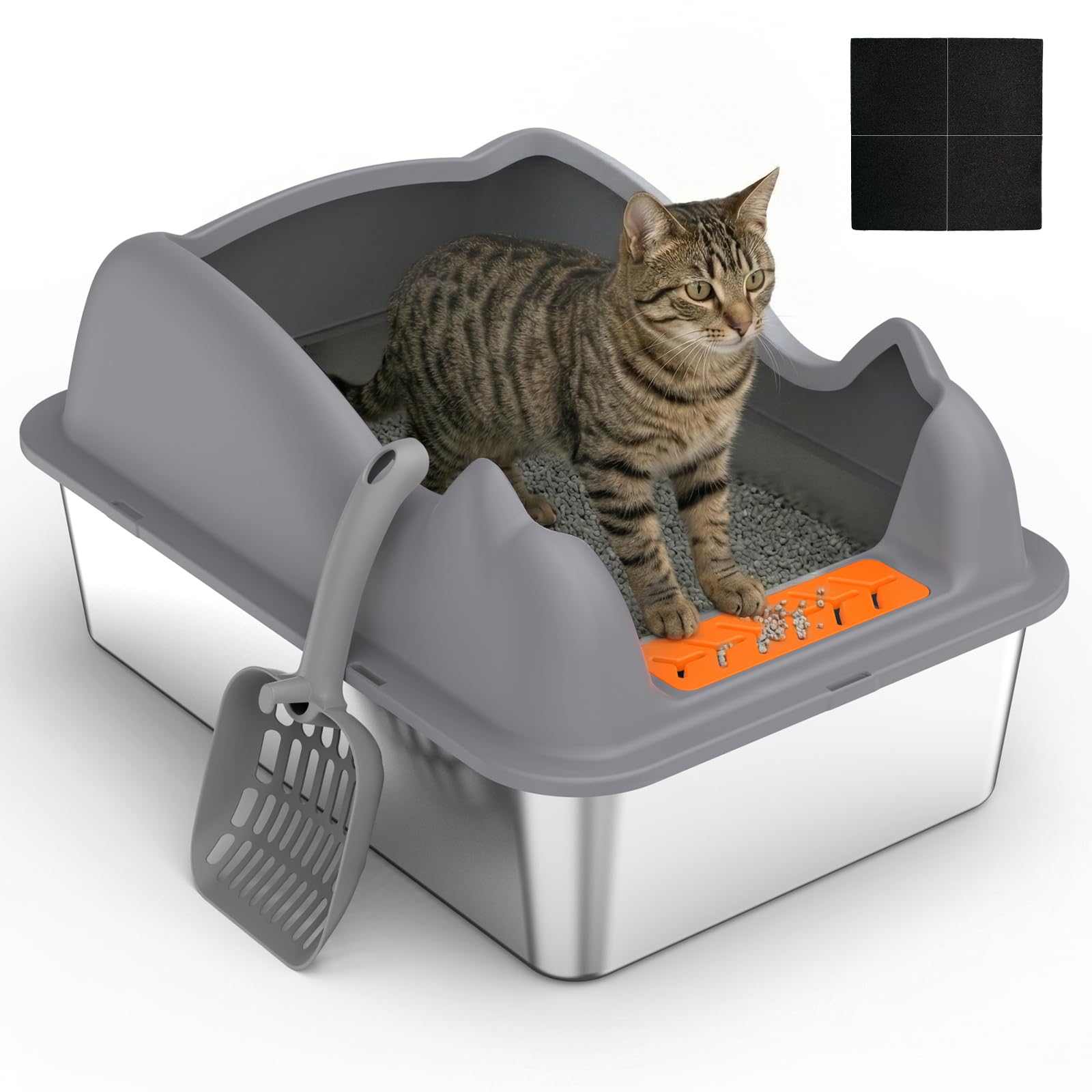 Stainless Steel Cat Litter Tray, Large Metal Cat Litter Box for Most Cats 50x35x29cm, High Sided Littering Tray With Scoop, Anti-slip Rubber Bottom Odour-Proof Non-Sticky Easy Clean
