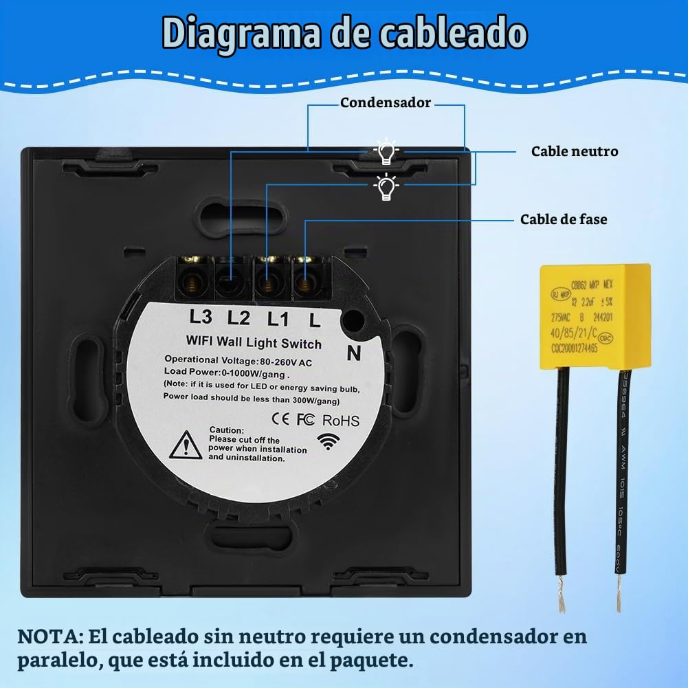 Ainiv 2 Gang Interruptor Pared WIFI, Interruptor Tactil Inteligente con WIFI y Condensador, Admite Control por Voz Compatible con las Aplicaciones Tuya Smartlife/Google Home-Negro