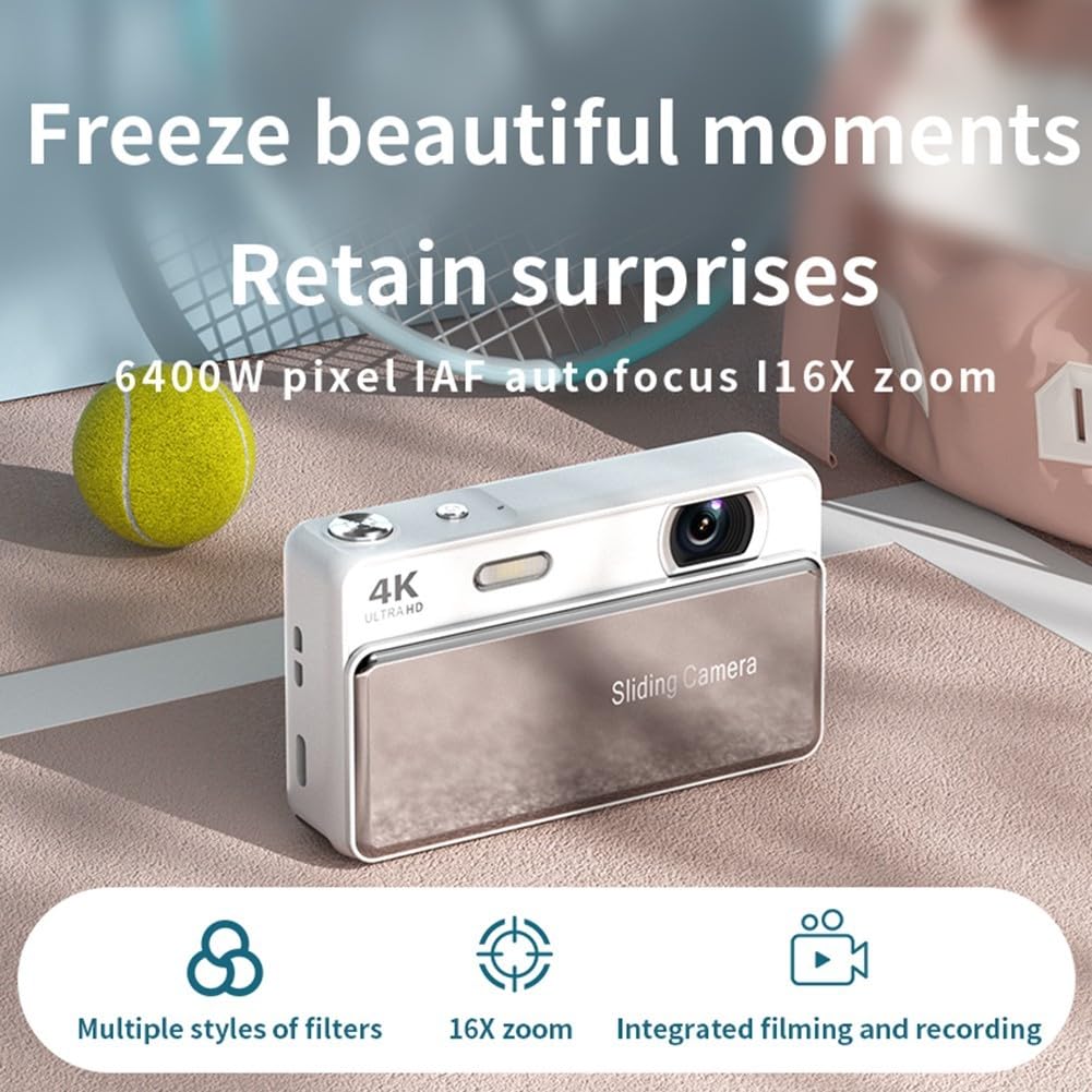 Slider - Fotocamera digitale portatile, 64 MP, registrazione 4 K, zoom 16x, schermo ad alta definizione, design compatto in metallo, stabilizzazione elettronica, per studenti di fotografia di viaggio