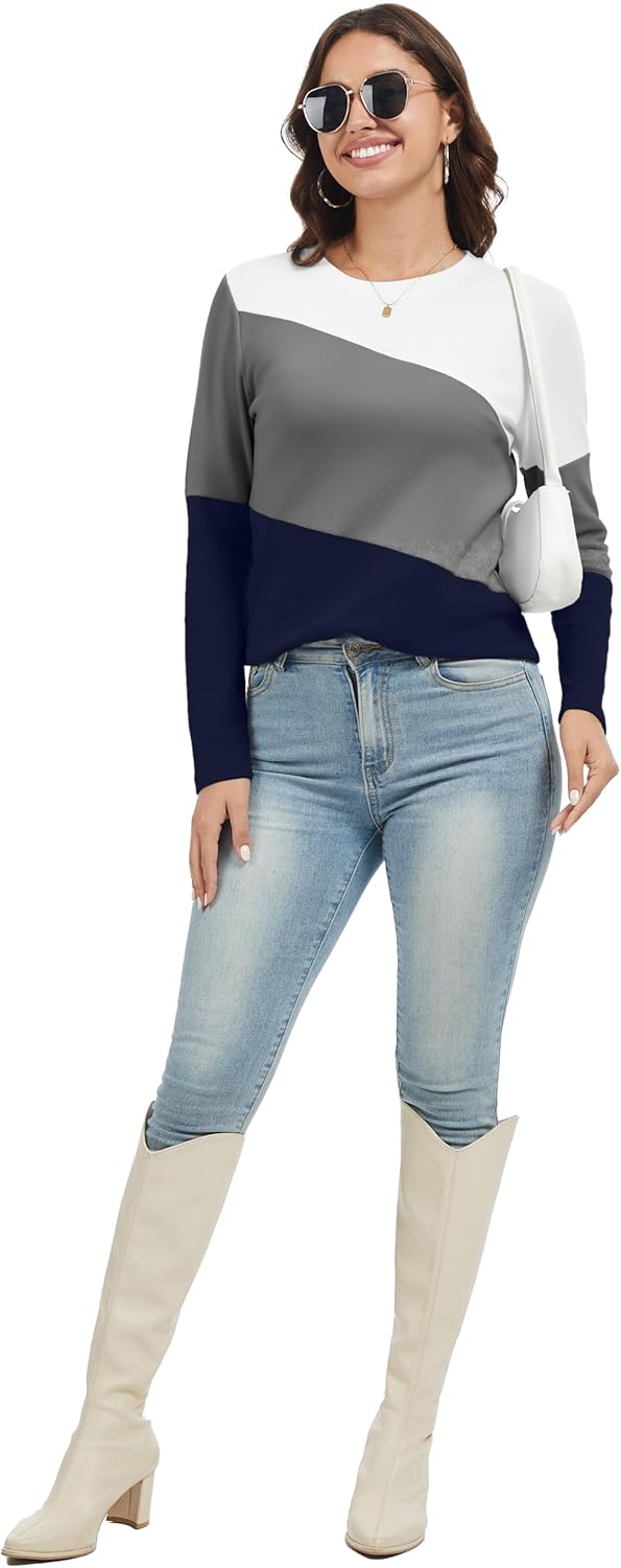 Women's Color Block Tunics Tops Crewneck Long Sleeve Shirts Casual Pullover Loose Fit T-Shirt - Image 4