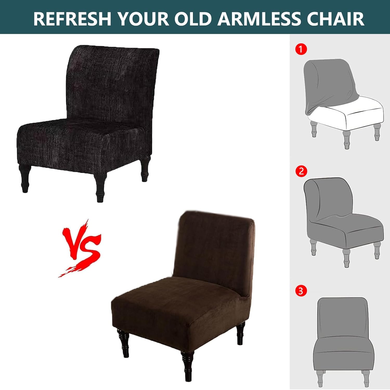 Velvet Armless Chair Cover, Skin-Friendly Elastic Fabric, Non-Slip Edge Design(Dark Coffee,2pcs)