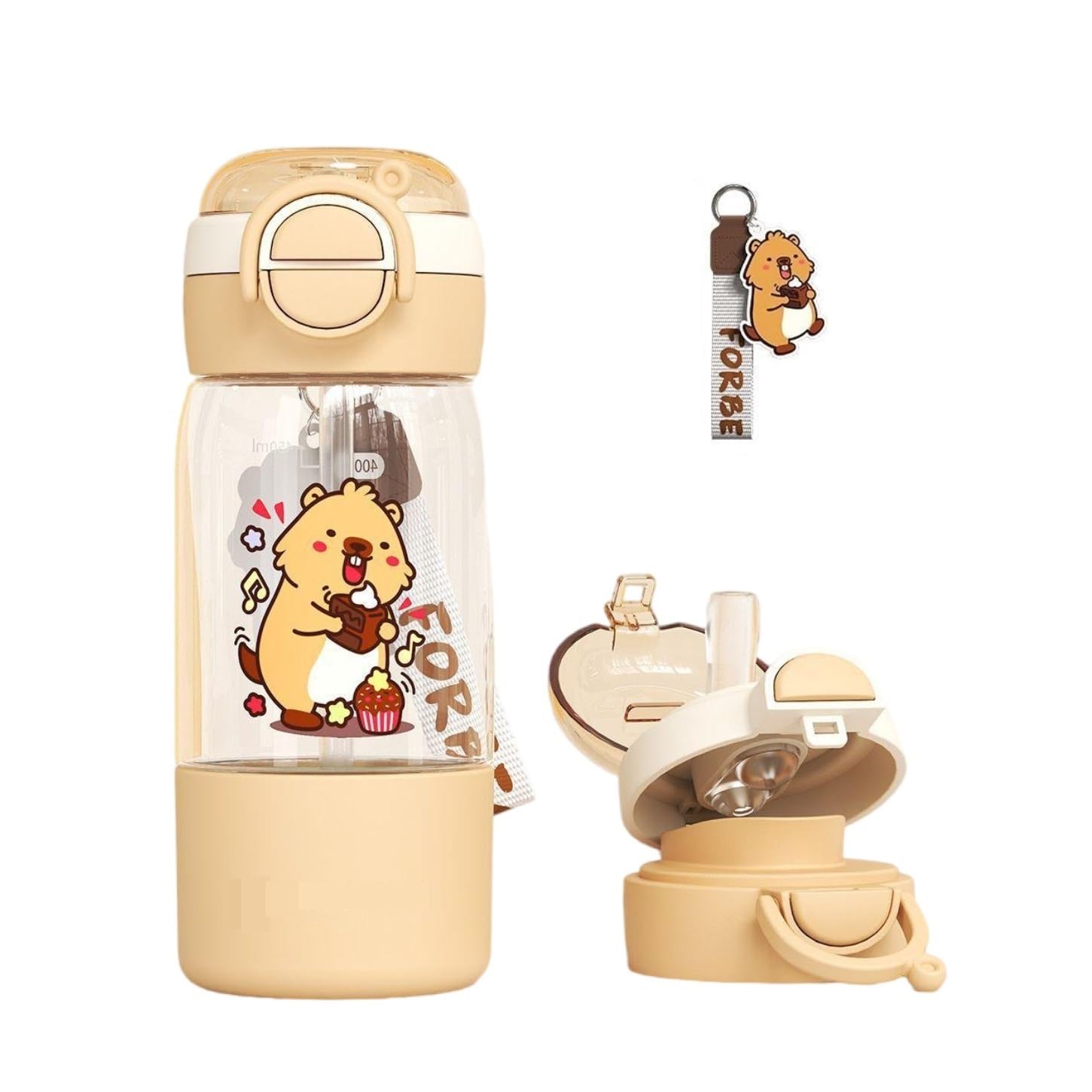 Kids Water Bottles With Straw, 580ml Drinks Bottle with Carry Handle, 100% Leakproof Children's Bottle, Bottom Detachable, Fliptop Lock, BPA free Sport Bottle for Girls Boys (Coffee Color - Capybara)