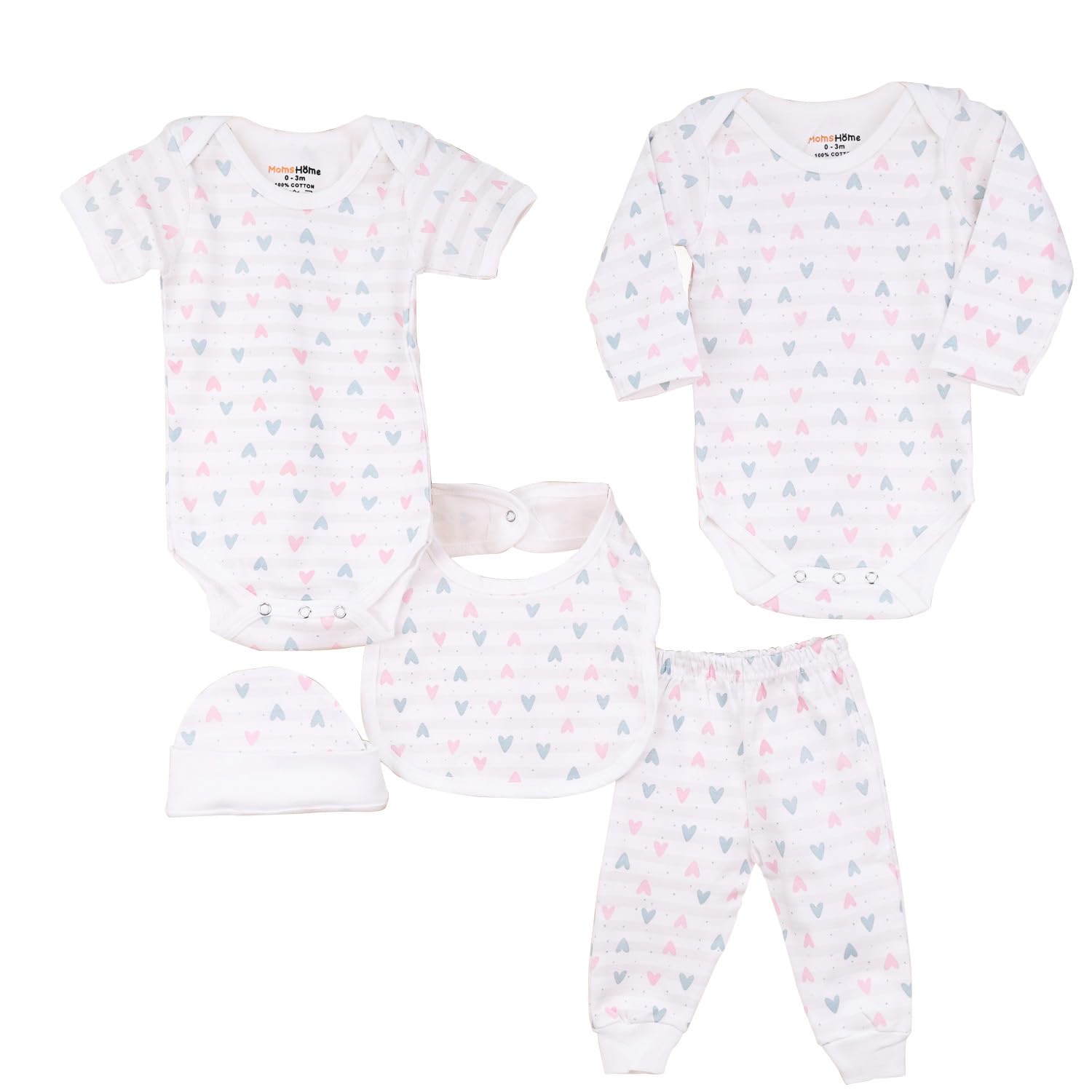 MOM'S HOME New Born Baby Shower Clothing Set | Baby Essential Gift Set | Baby Clothing Gift Combo | Ultra Soft & Breathable | Pack of 5 | Little Hearts-image-40