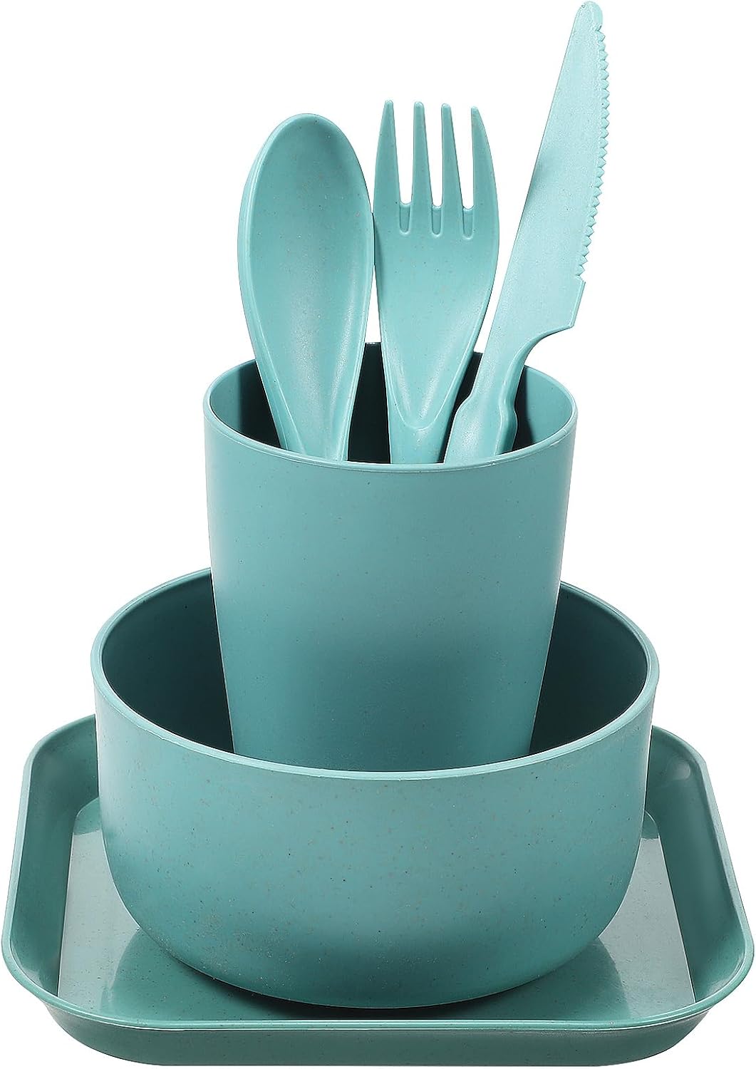 NOLITOY Wheat Straw Dinnerware Set 6-Piece Plates and Bowls Sets - Compact Small Unbreakable Dinnerware for Camping, Outdoor Picnic, Microwave Safe Dish with Serving Utensils, BPA Free, Blue