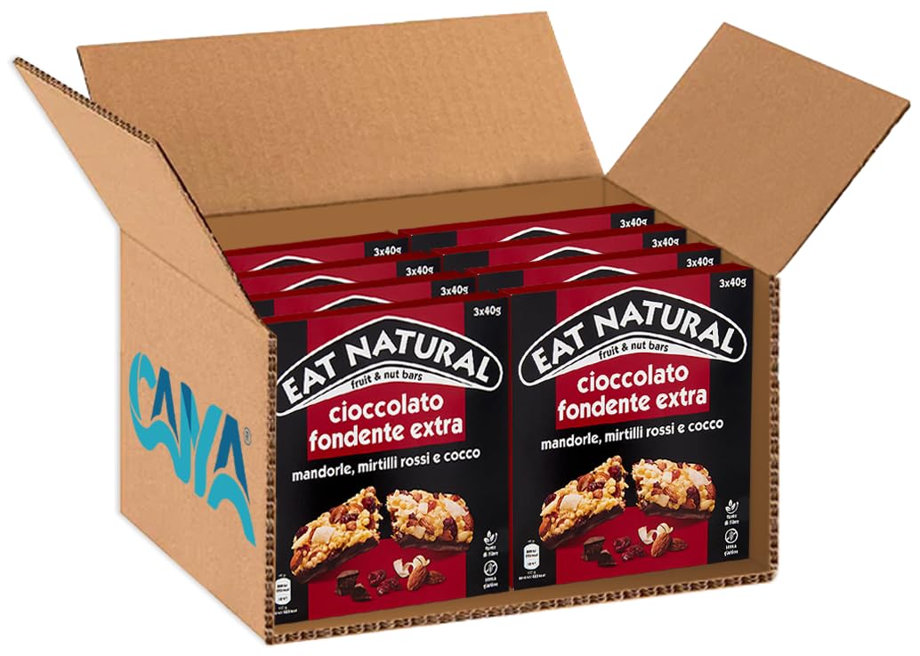 8X Eat Natural Barretta Cioccolato Fondente Extra, Mandorle, Mirtilli Rossi e Cocco, Senza Glutine (Gluten free) 120g