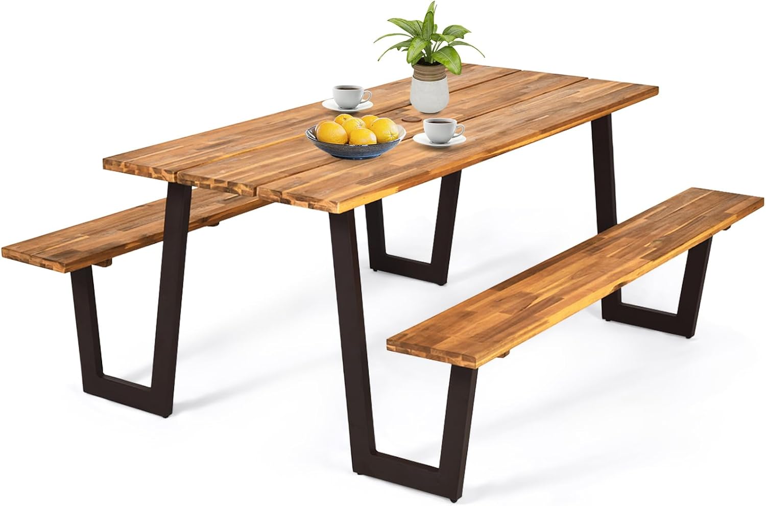 S AFSTAR 70" Outdoor Picnic Table, Heavy Duty Wooden Table and Bench Set with Umbrella Hole, All-Weather Acacia Wood Picnic Tables for 6, Garden, Backyard, Porch, Patio