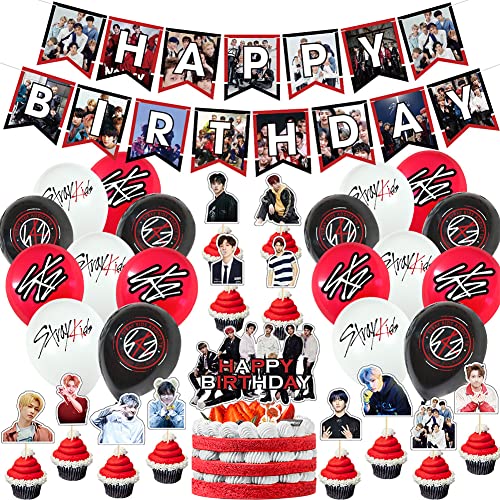 Stray Kids Décorations Anniversaire,32PCS Stray Kids Fête Anniversaire Décoration,Ballons Fête Stray Kids,Bannière Joyeux Anniversaire Décorations de Gâteaux,Stray Kids Anniversaire Décoration Kit Cover