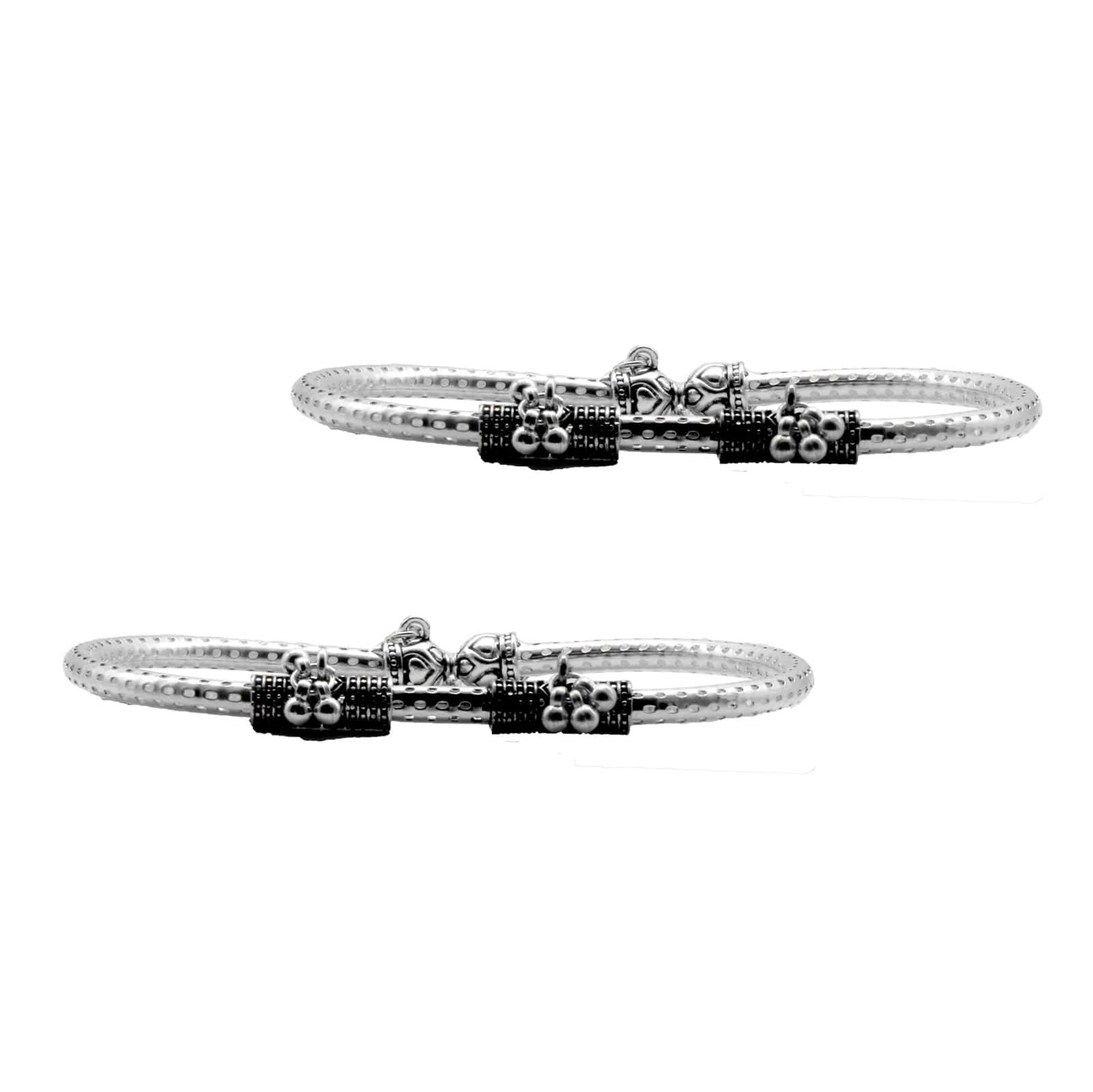 Double Cylindrical Silver Oxidized Charm Anklets For Women-image-36