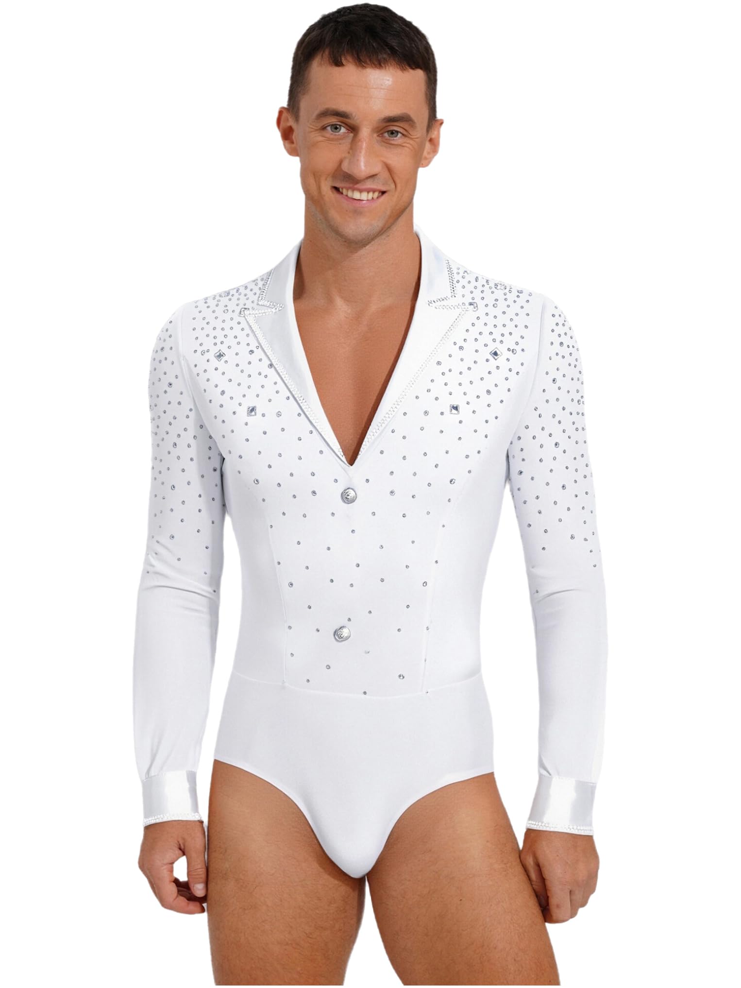 Oyolan Homme Justaucorps Danse Latine Moderne Jazz Salsa Cha Cha Body Gymnastique Bodysuit Patinage Artistique Manches Longues Strass