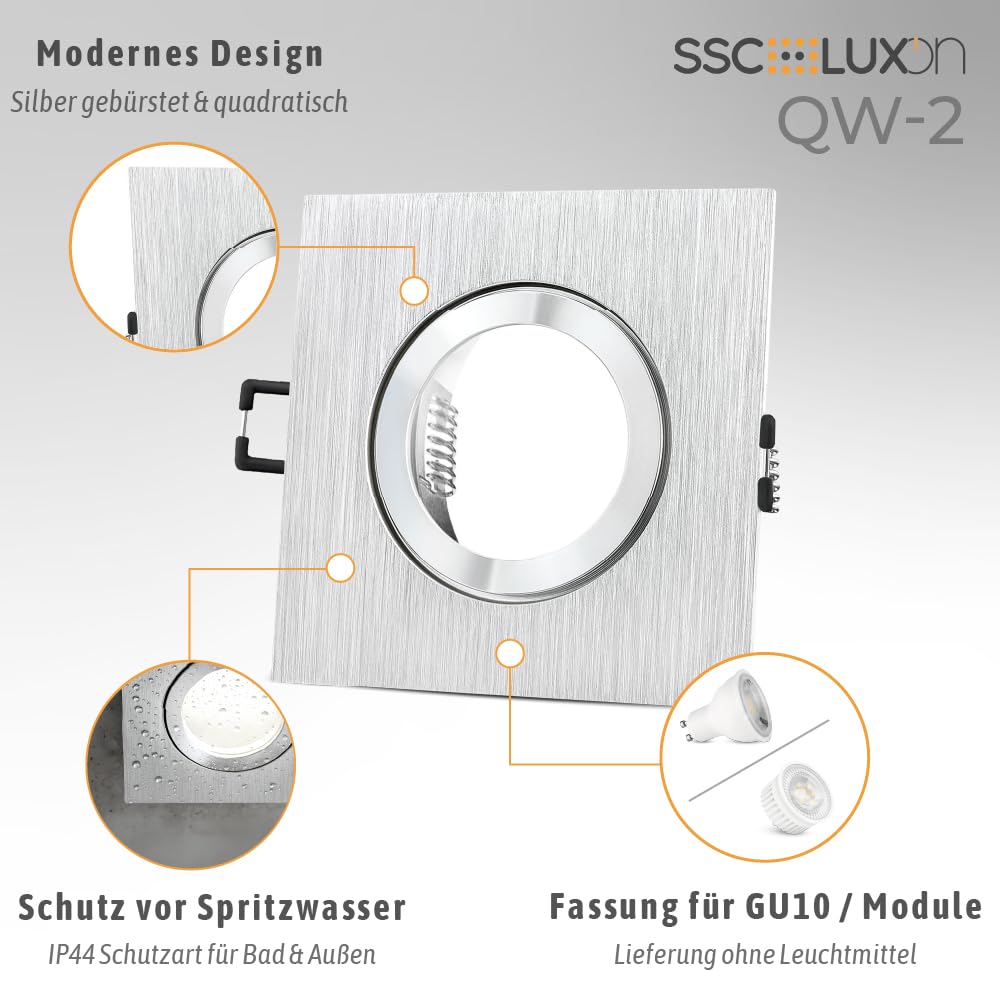 SSC-LUXon QW-2 Bad Einbaustrahler 6 Stück eckig Alu IP44 | Sechs eckige Bad-Deckenspots gebürstet spritzwassergeschützt IP44 - GU10 Fassung, geringe Einbautiefe 23mm (ohne Lampe)