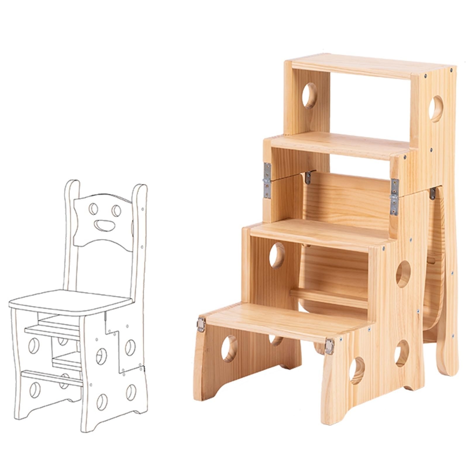 Silla escalera de madera natural con panel amplio de 4 niveles en color C