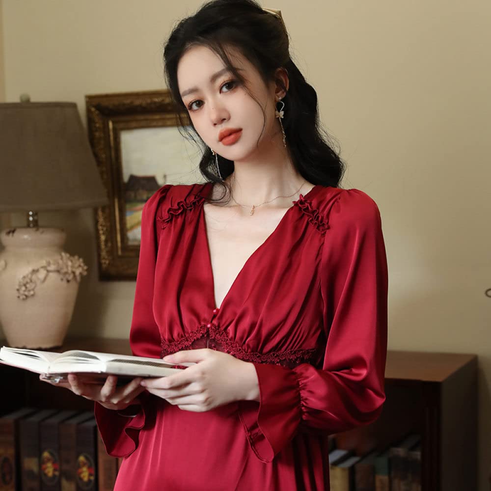 Nachthemd,Damen-Nachthemden, Roter Satin, V-Ausschnitt, Knopf, Spitzennähte, Elegantes Schlafhemd, Weiches, Bequemes, Langärmliges Nachthemd, Loungewear Für Damen, Mädchen, Pyjama-Party, Weihnac