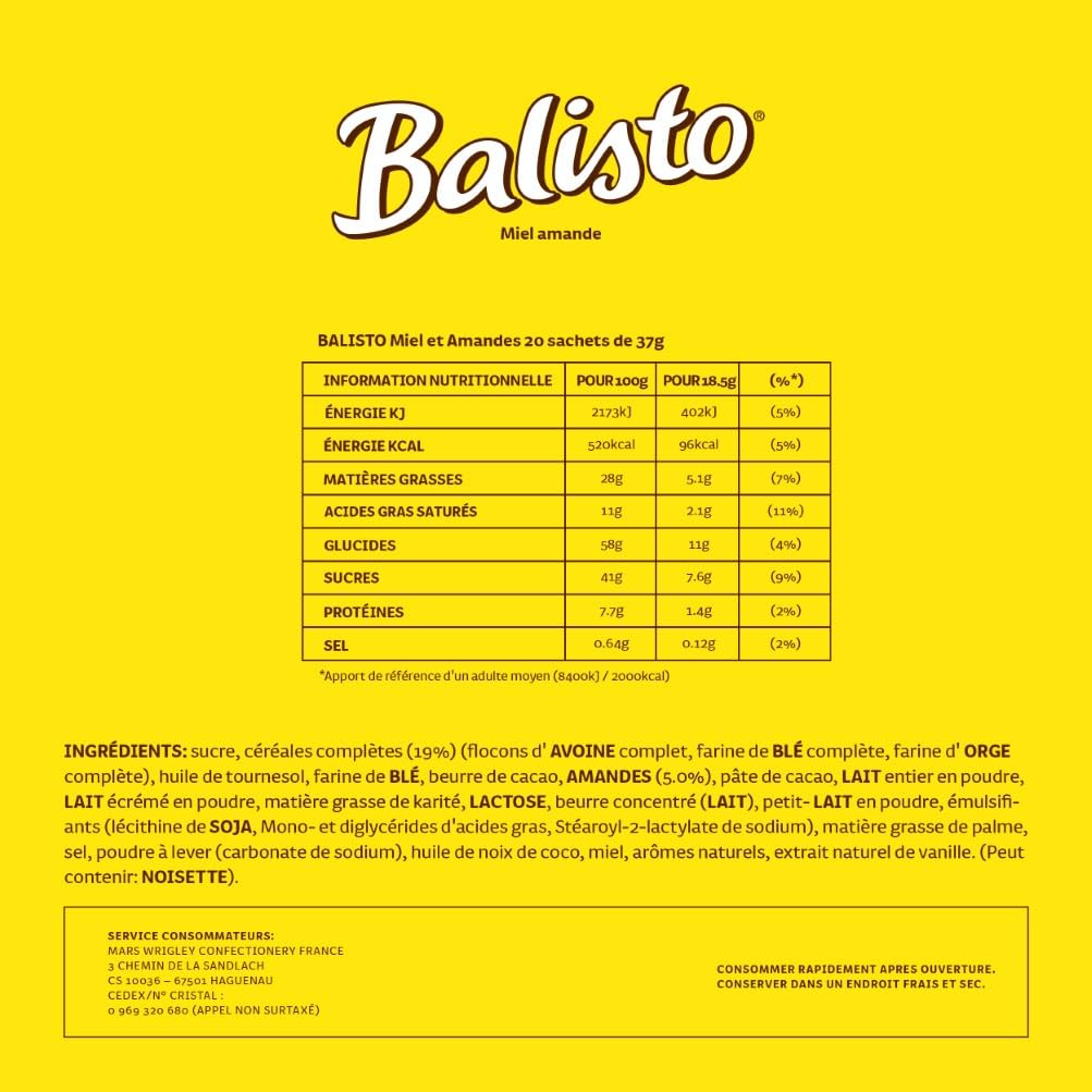 BALISTO - Barre Biscuit Céréales et Chocolat au Lait - 20 x 37g - Goût Miel & Amande - Boite de Barres Chocolatées - Grand Format - 740g