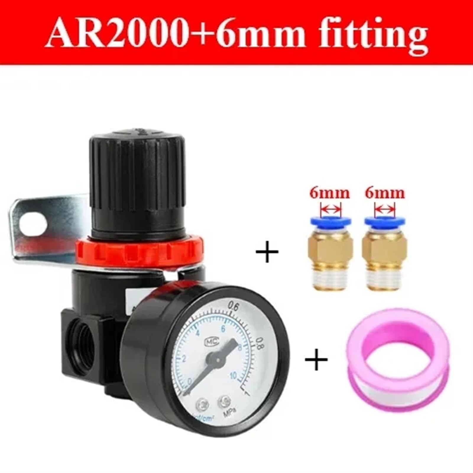 Control regulador de presión de aire AR2000 de 1/4 pulgadas for unidades de tratamiento de regulación de Gas de bomba de compresor con manómetro ajustable(AR2000 and 6mm)