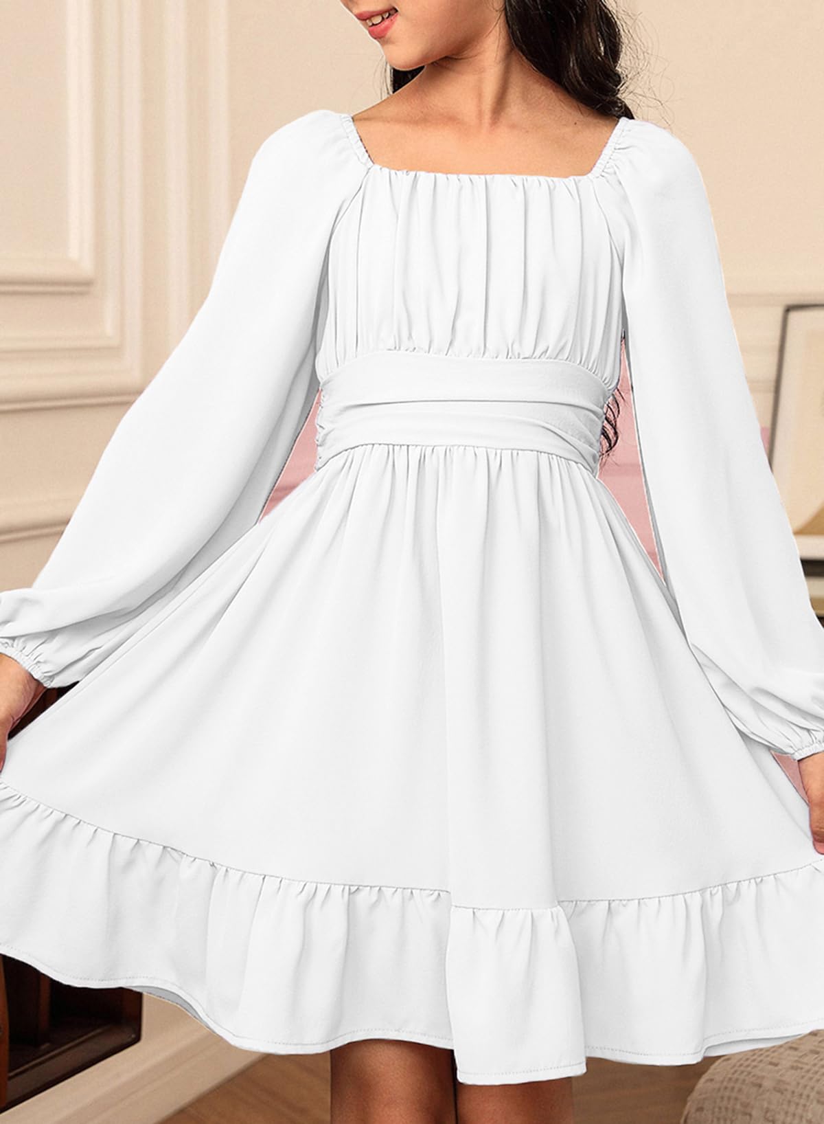 blibean Vestido de manga larga para niñas con lazo en la espalda, vestido de otoño con hombros descubiertos, talla 6-15 años