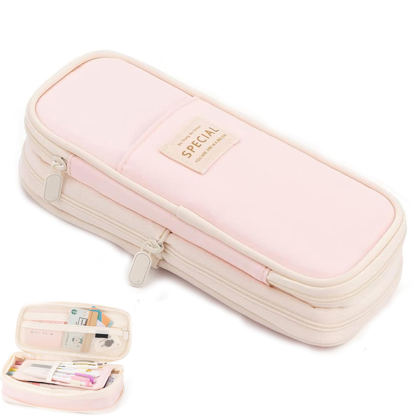 High Capacity Pencil Case,Stationery Pouch Pen Case, Pencil Pouch with Zipper Compartments, for School Teen Girl Boy Men Women (Pink), LLT-AE-031