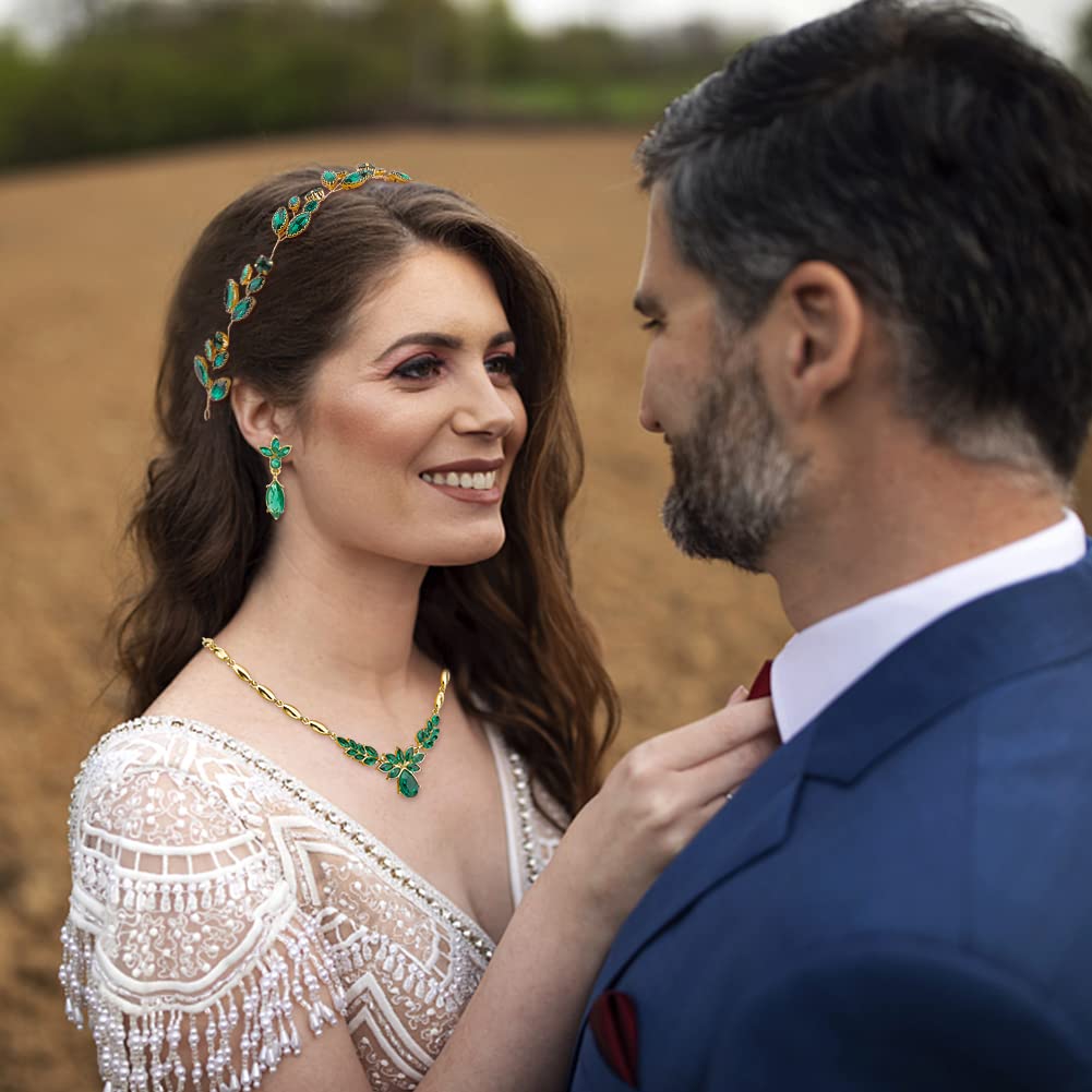 CHGCRAFT Conjunto de joyas de boda para novia, color verde, para novia, pelo de vid, boda, diamantes de imitación, diadema de cristal, pulsera, pendientes colgantes, juego de boda, fiesta, joyas para