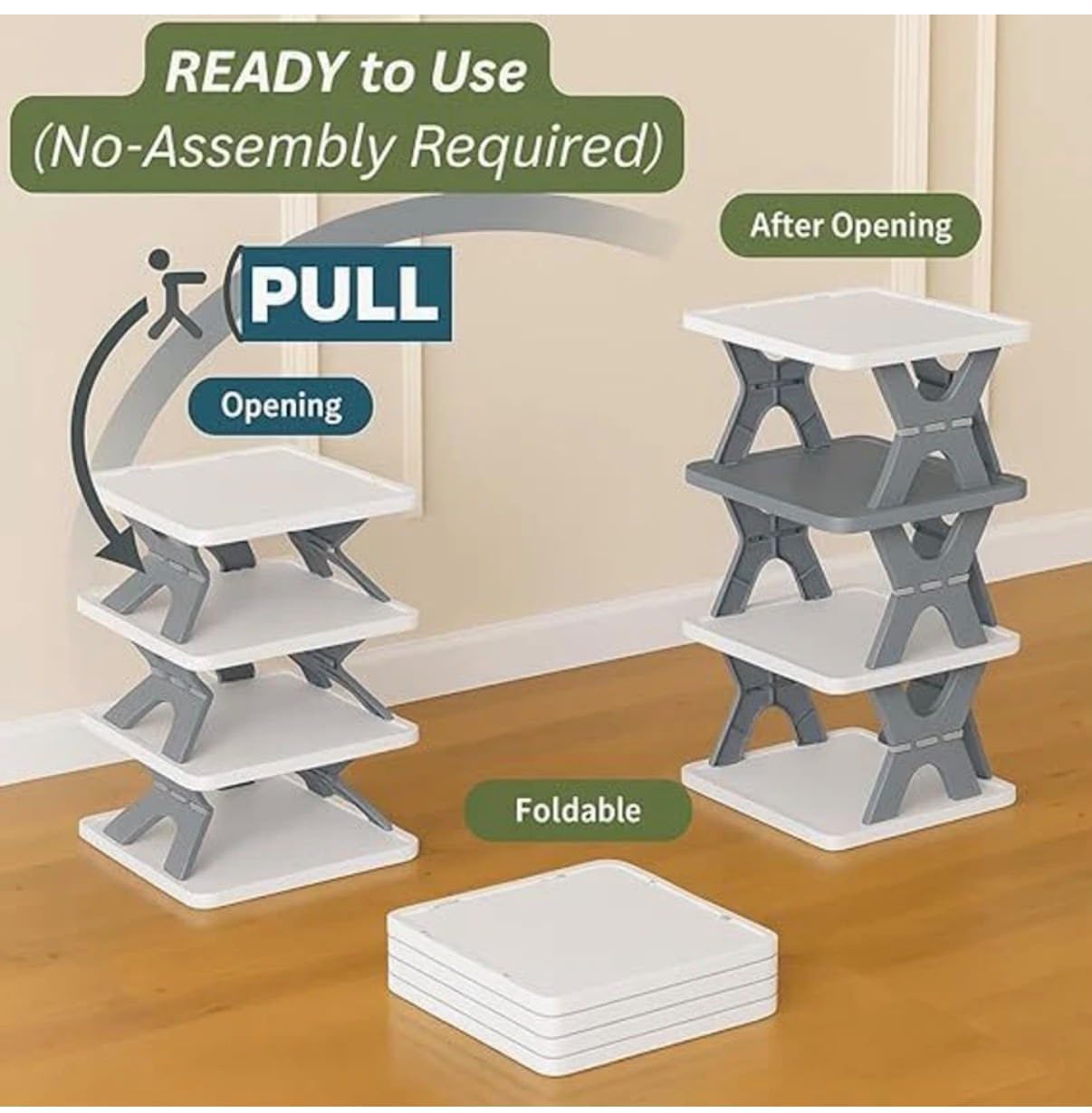 Foldable Multi-Tier Shoe Rack, No Assembly Required, Space-Saving Vertical Storage Stand, Grey and White 1