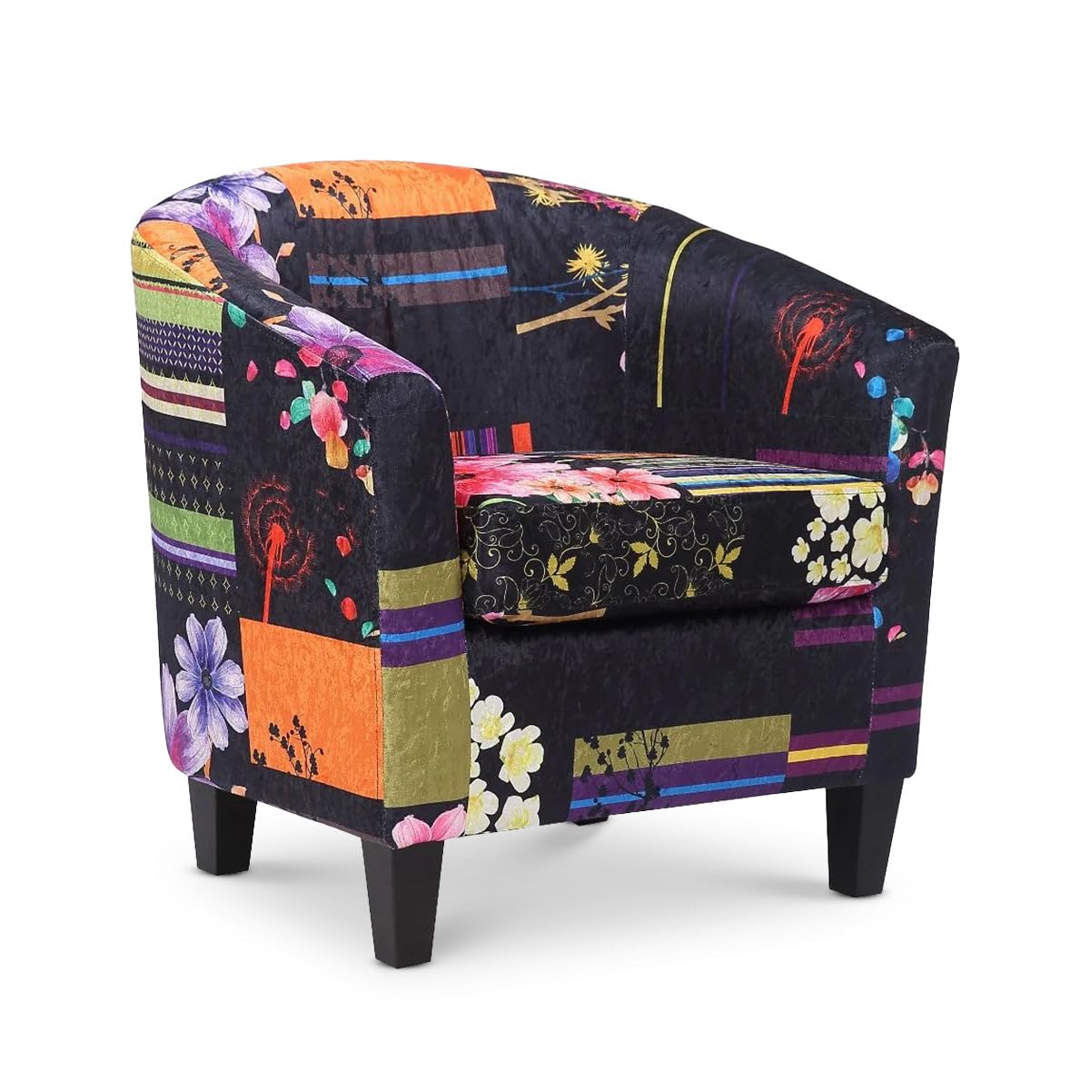 Multicoloured Black Patchwork Tub Chair for Living Room - Occasional Patchwork Accent Chair for Bedroom, Small Funky Armchair, Tub Chairs for Living Room, Colourful Bucket Chairs - TRICIA