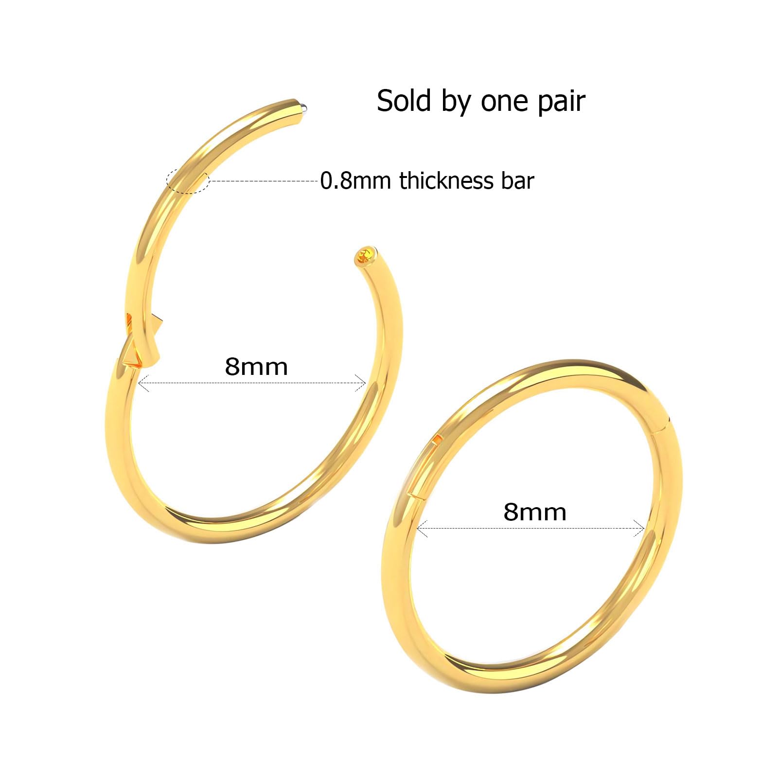 Body CAC 0.8mm/1.0mm/1.2mm/1.6mm/2.0mm/3.0mm/4.0mm/5.0mm/6.0mm Steel Hypoallergenic Clicker Hinged Nose Septum Ring Hoop with Colour Gold-Silver tone-Black-Rose gold — view 2