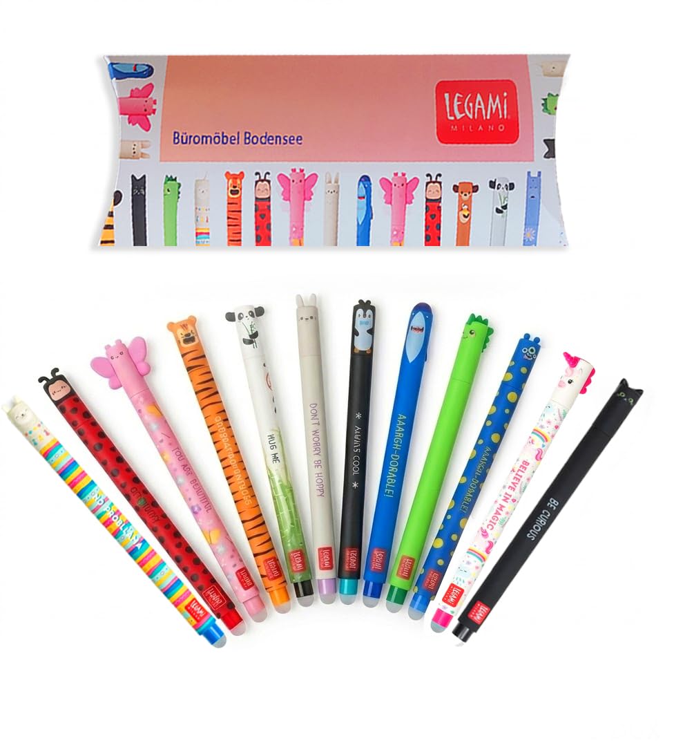 LEGAMI Juego de 12 bolígrafos de gel con caja de regalo exclusiva, 12 divertidos bolígrafos de tinta para niños y escuelas, bolígrafos de gel borrables, ideales como regalo de cumpleaños y