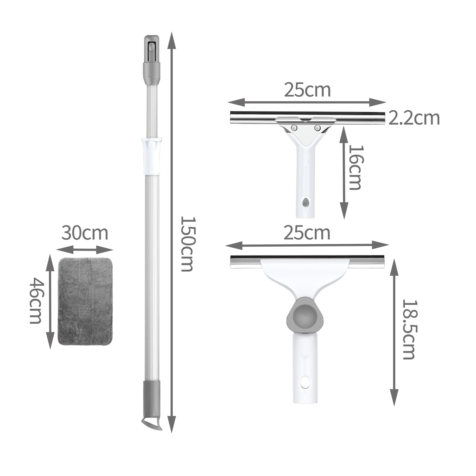 Limpiacristales Telescópico,Limpiador de Ventanas con aleación de Aluminio telescópico Mango,rascadora 25cm,paños de Microfibra,para Vidrio, Ducha Espejo (150cm)