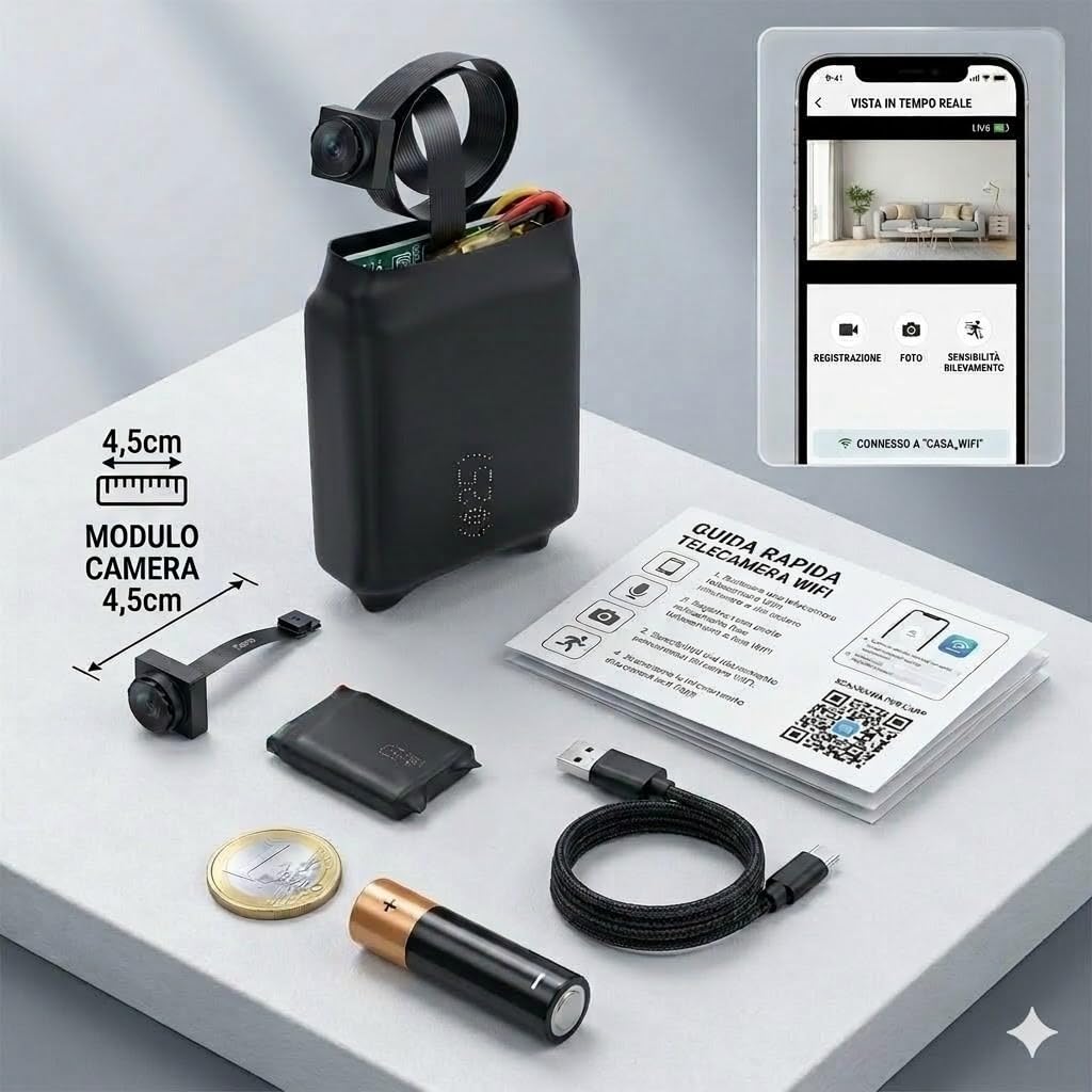 Mini Telecamera WiFi Full HD 1080p, Nera, con Rilevamento Movimento, Batteria Integrata, Controllo via App, Micro Obiettivo 3mm